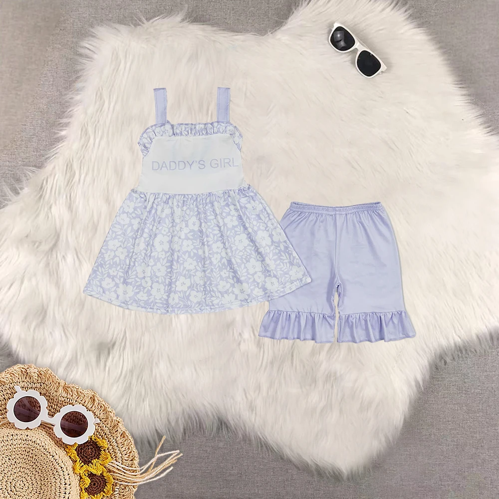

8.14 Wholesale Western Boutique children clothing Baby Girls Daddy's Girl Straps Tunic Top Summer Ruffle Shorts Clothes Sets