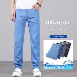 Summer Men's Baggy Jeans Blue UltraThin Classic Soft Breathable Business Casual Straight-leg Stretch Denim Trousers Male