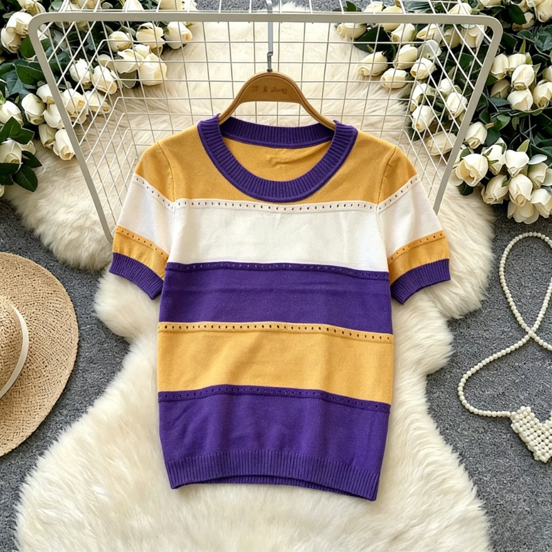 2026 New Summer Women O-neck Short Sleeve Knitted Pullover Hit Color Width Striped Hollow Out Crochet Hook Casual Pullover Tops