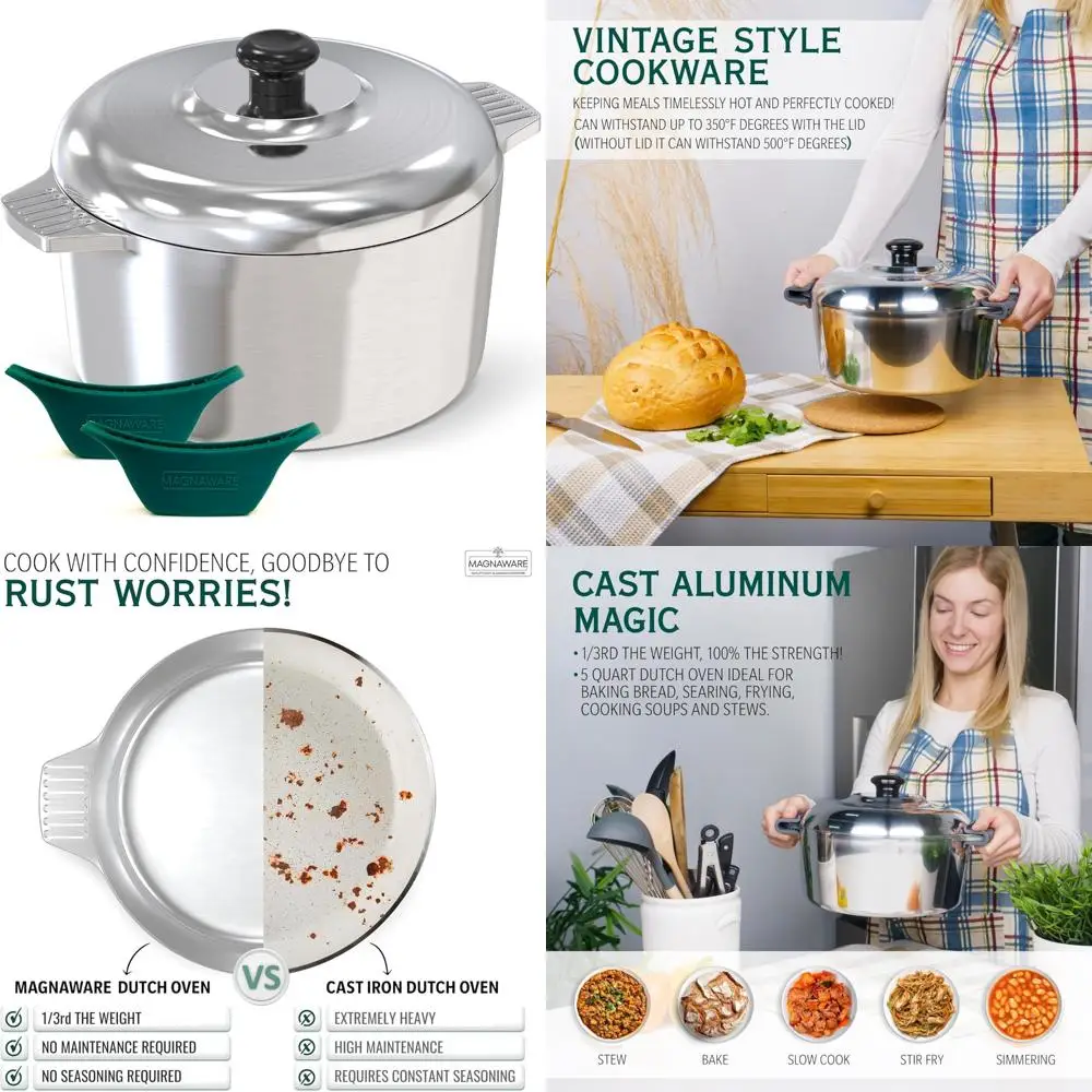 

Lightweight 5-Quart Cast Aluminum Dutch Oven with Silicone Lid for Even Heat Distribution and Easy Handling - Ideal Cookware Pot