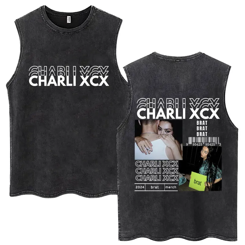 Charli Xcx 365 Party Girl Brat Album Washed T Shirt Men Women Gothic Harajuku T Shirts Casual Vintage Cotton Sleeveless T-shirts