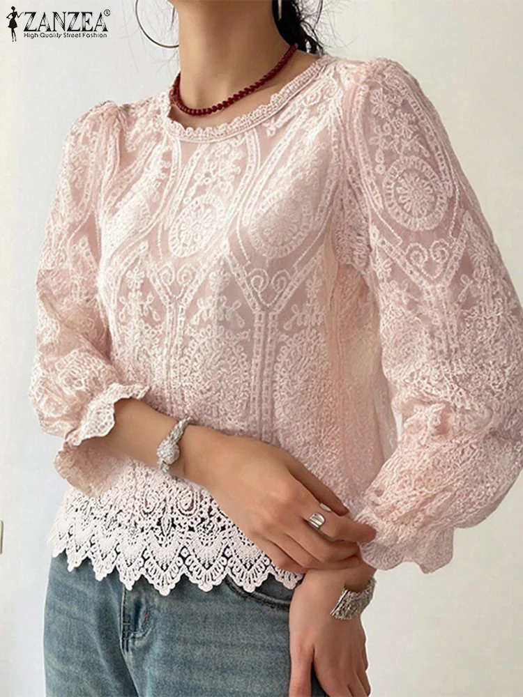 

ZANZEA Women Lace Blouse 3/4 Seeve Fashion Tops 2025 Casual OL Work Tunic Oversized Elegant Solid Color Pullovers Oversized