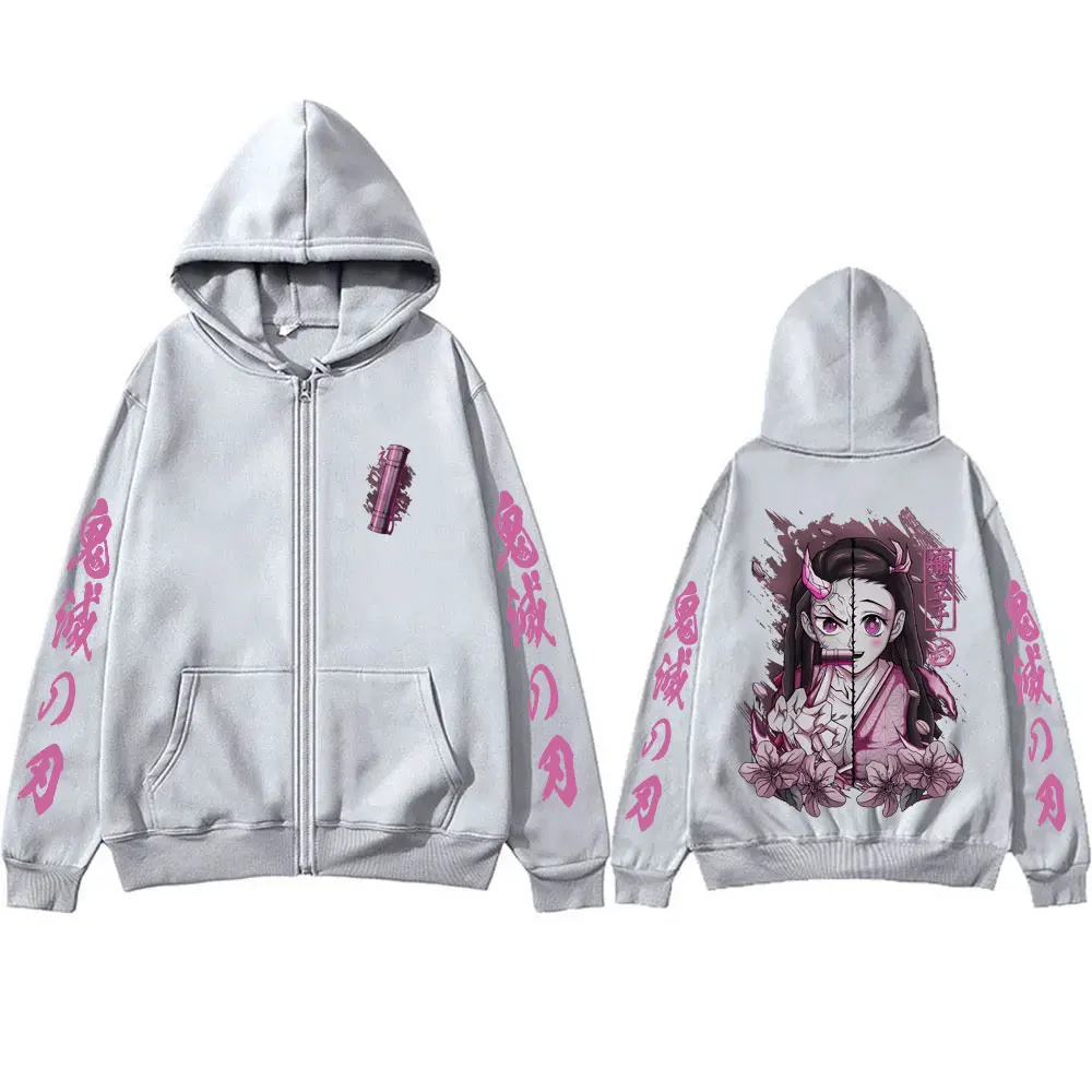 Anime Demon Slayer Kamado Nezuko Merch Zipper Hoodie Men Women Casual Oversized Zip Up Jacket Cartoon Manga Cosplay Streetwear