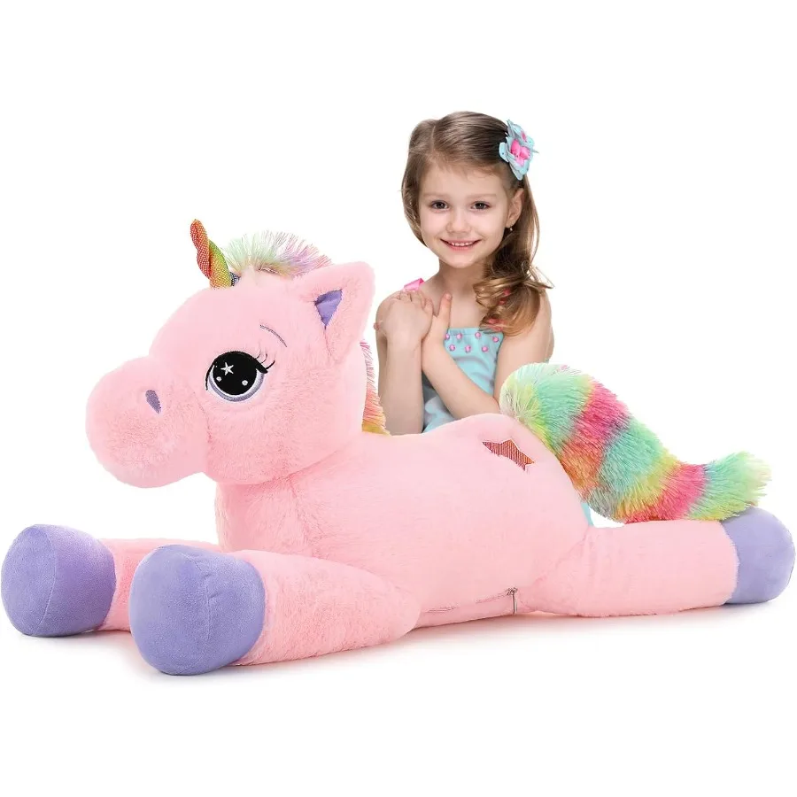 

32in Giant Unicorn Plush Toy with Rainbow Pink Color for Girls Cute Stuffed Animal Gift and Birthday Decoration Soft Fuzzy Unic