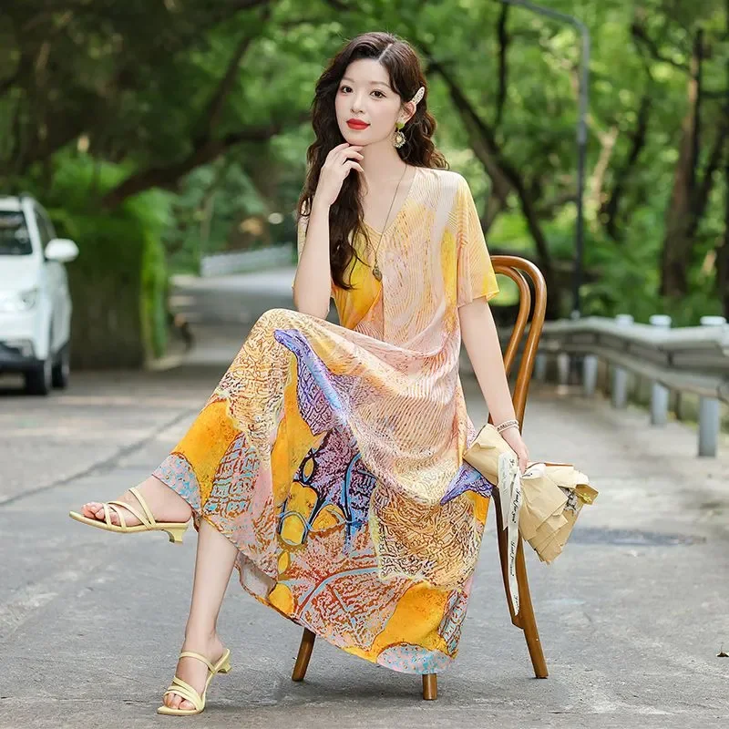 Women Colorful Abstract Print Cotton Dress V Neck Short Sleeve Loose Beach Vacation Midi Dress