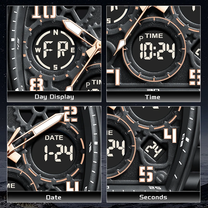 FOXBOX Electronic Watch New Men's Watch Luminous Silicone Tape Waterproof Double Display Military Watch Quartz Mens Watch Reloj