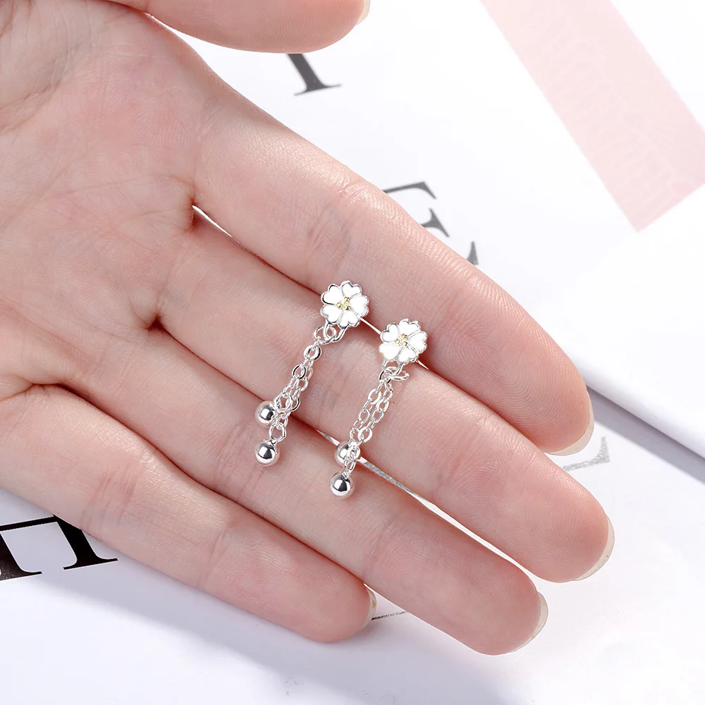 Korean Style Temperament Fashion 925 stamp silver color Jewelry Cherry Flowers Blossom Long Tassel Female Beads Earrings Se478