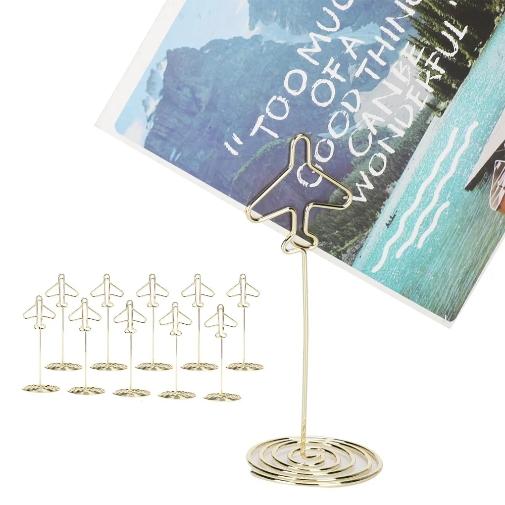 10Pcs Three‑dimensional Metal Photo Holder with Base Airplane Shape Iron Wire Metal Message Holder with Base Gold Electroplating