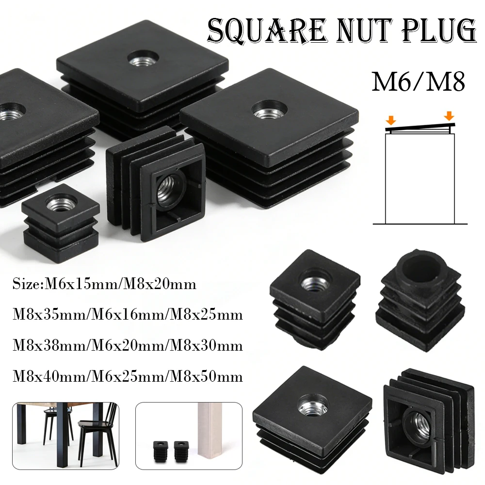 4-20pcs M6 M8 Plastic Square Pipe Plugs with Nut Hole Blanking End Inserts Caps Pipe Cover Furniture Leg Feet Tube Plug