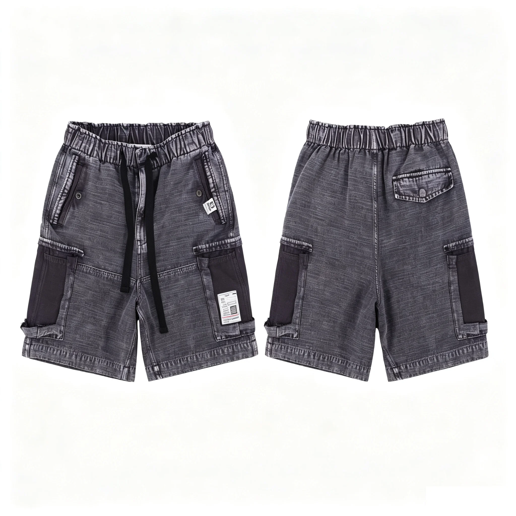 American Vintage Washed Distressed Multi Pocket Cargo Shorts Unisex Drawstring Waist Loose Casual Streetwear Work Shorts