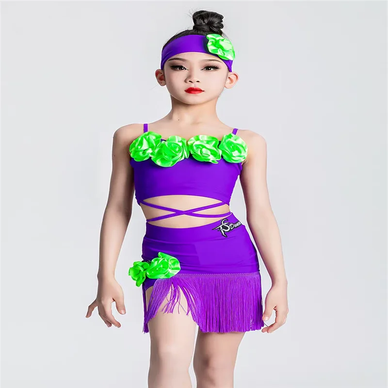

2024 Girls Latin Dance Clothes Purple Sets Flower Tops Skirt Rumba Performance Costume Summer Latin Practice Clothing