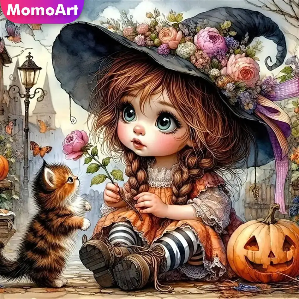 Momoart Diamond Embroidery Girl Portrait Mosaic Cat DIY New Arrival Pumpkin Diamond Painting Cartoon Cross Stitch Halloween Gift