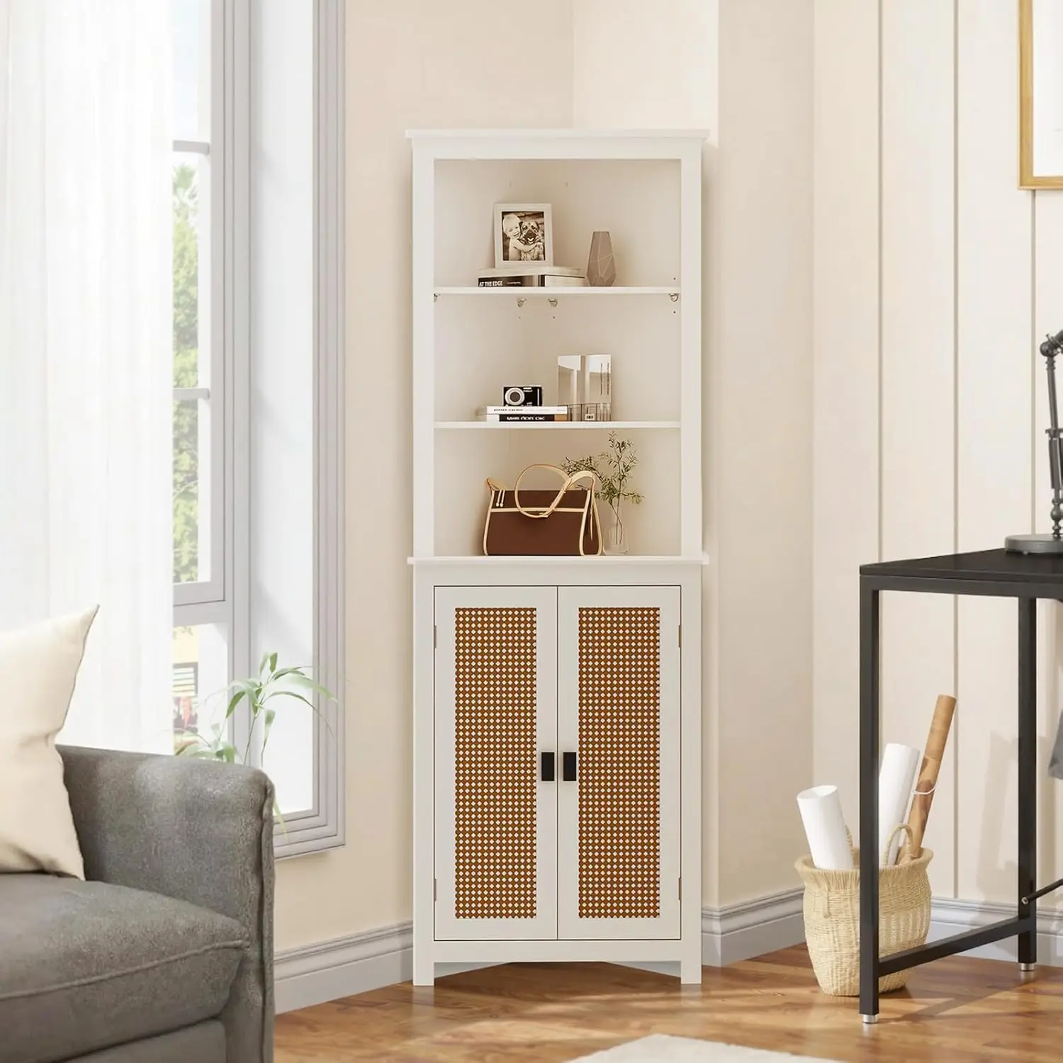 

Farmhouse Corner Cabinet 64" H Tall Corner Hutch with 6 Shelves & 2 Barn Doors, Bathroom Cabinet with Adjustable Shelf, for Livi