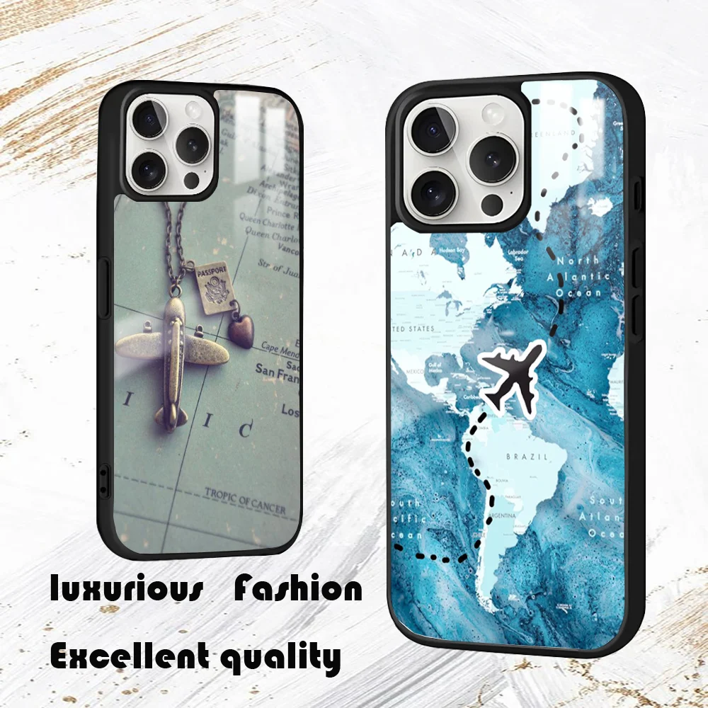 World Map Travel Phone Case For iPhone 16 15 14 13 12 11 Pro Max Plus Mini PC Fashion High Quality mirror phone case