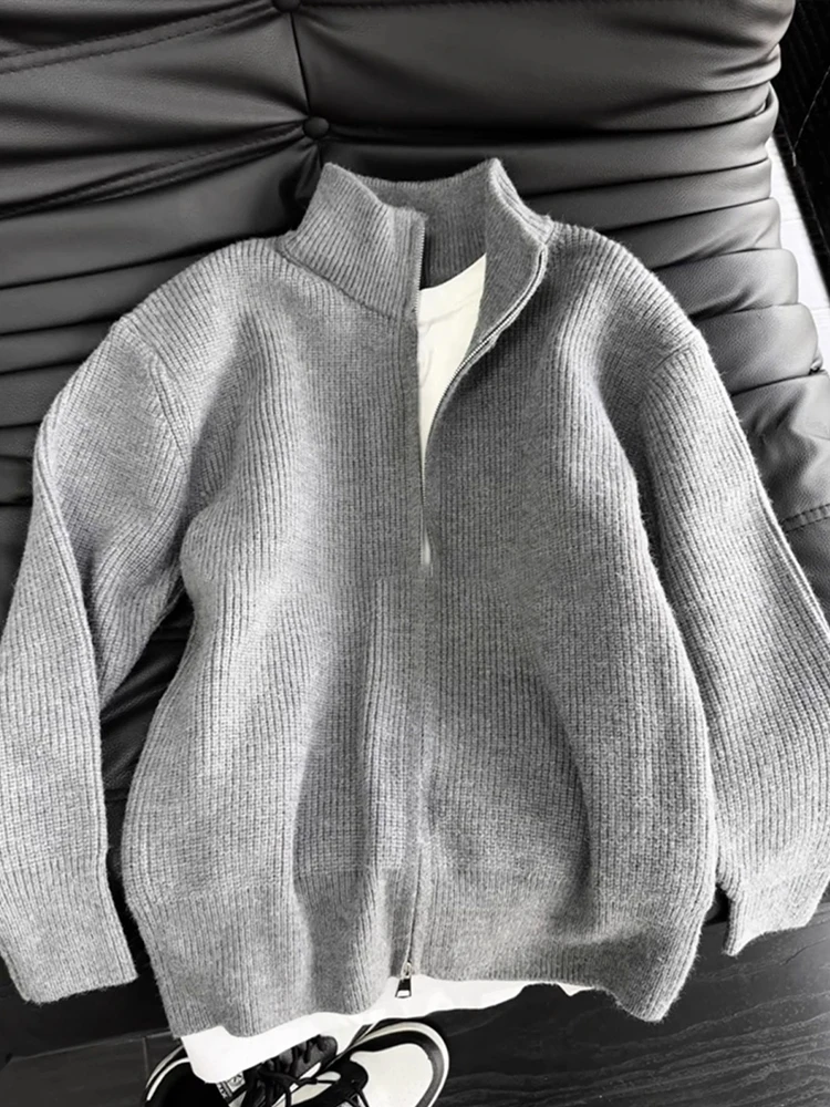 

Cleanfit ey Zipper Knitted Men's Sweater Autumn Lazy Sle High-End Feeling Open Cardigan Jaet Stand Collar Casual Faion