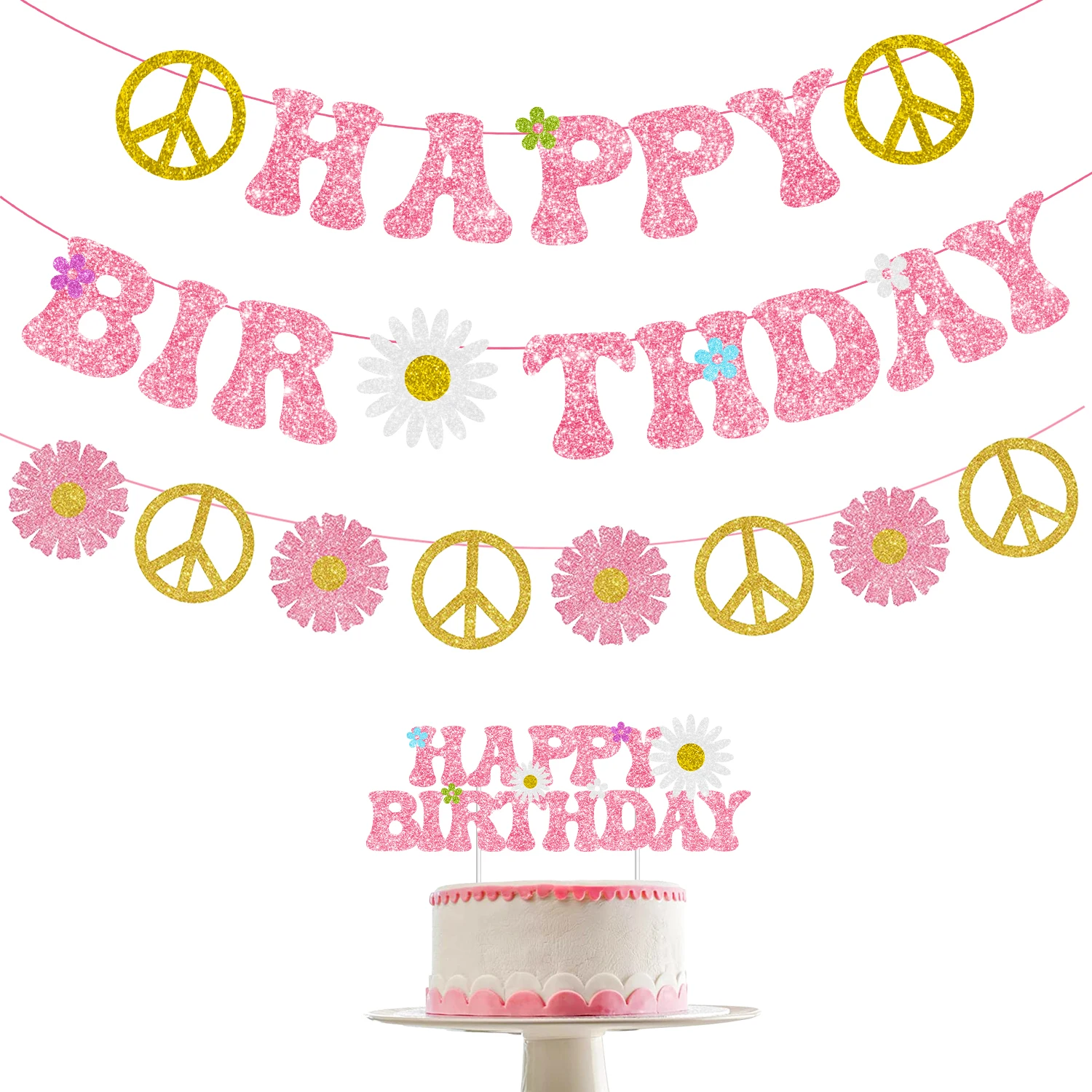 

Groovy-Retro Hippie Boho Happy Birthday Banner, Cake Topper, Daisy Garland Supplies for Girls, Pink and Gold