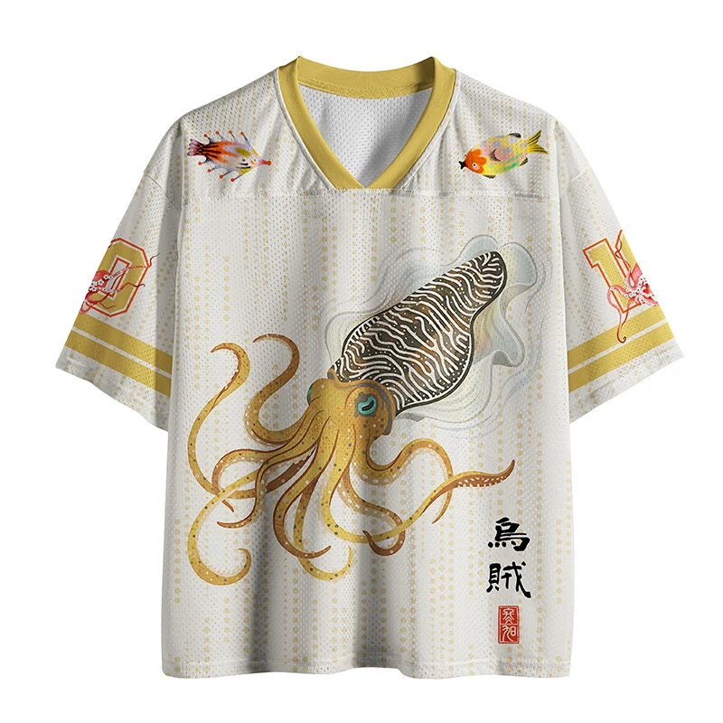 Ukiyo-e Ink Fish Sea Fish Full Print V-neck Short Sleeved Shirt Gold Collar Eastern Chinese Character Stamp White Adult Children