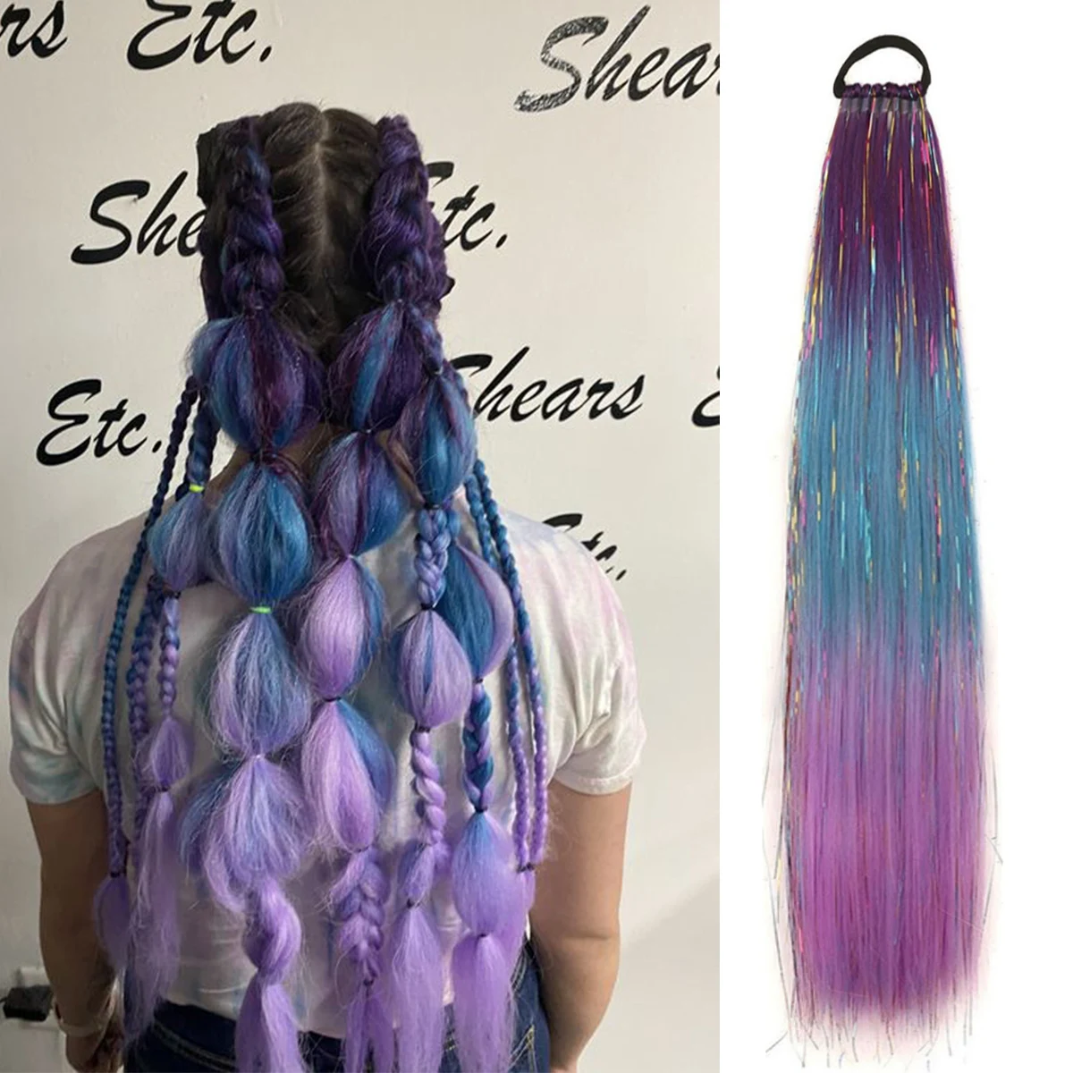 Extension de queue de cheval Tinsel avec cheveux élastiques pour enfants, tressage synthétique pour filles, cheveux élan, tresses de jour, bleu et violet