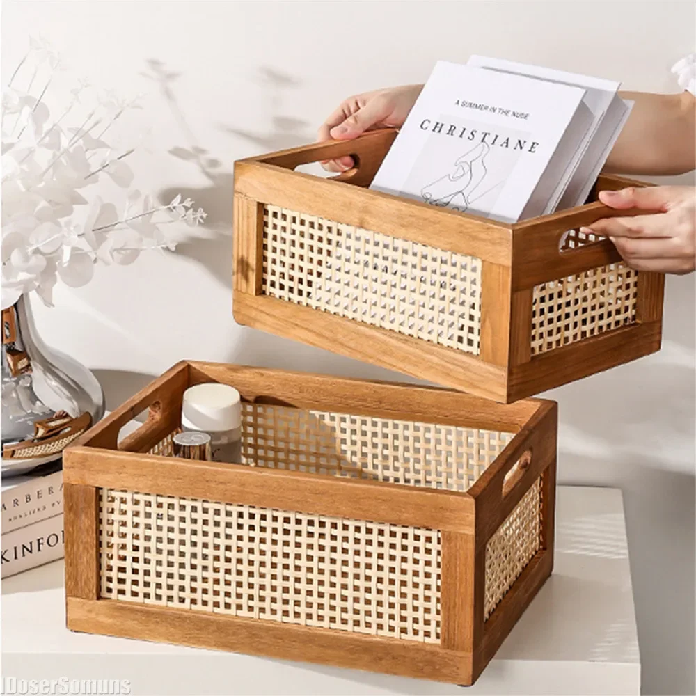 Solid Wood Bamboo Storage Baskets Desktop Storage Box Home Living Room Books Snacks Sundry Storage Box Stackable