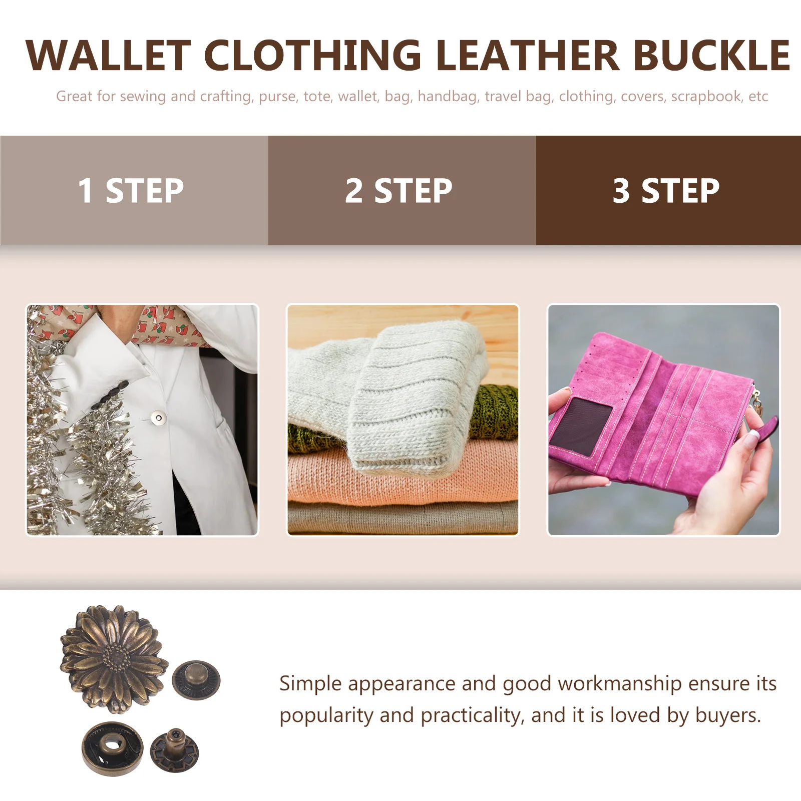 

10Sets Pure Copper Wallet Snap Button Elegant Daisy Design Snap Fastener Rustproof Clasp for Sewing Craft Projects