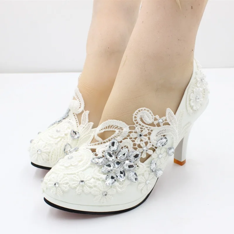 Wedding Women Pumps PU Lace 3 5 8 CM Thin Heels 2024 New White High Heels Bridal Round Head Lace Water Diamond Woman Shoe