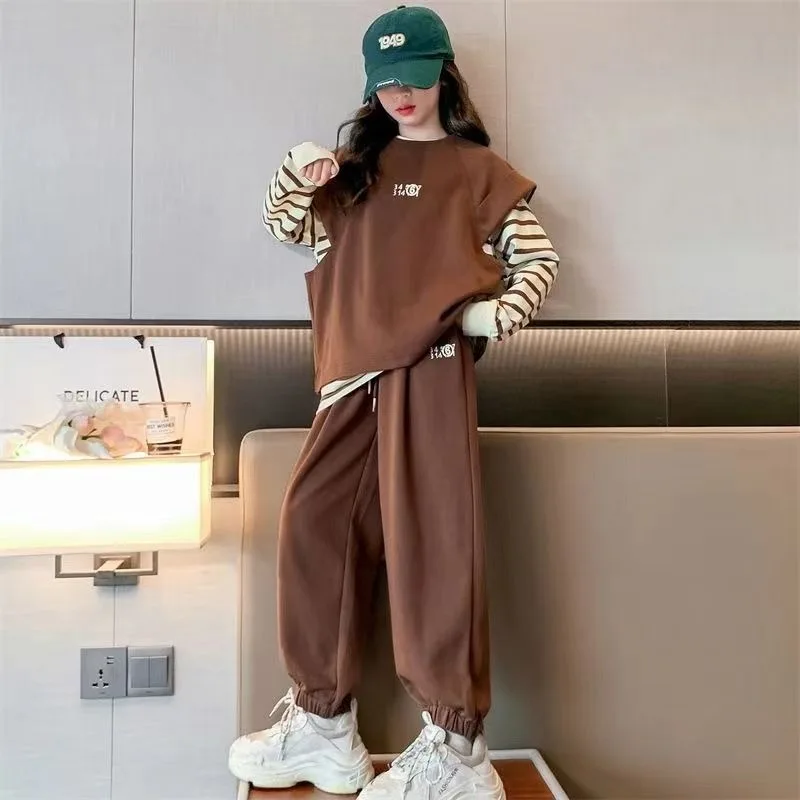 Sweatshirt Set Three-piece Vest Suit for Spring and Autumn Girl Clothes 7 To 8 Years Winter Wear Girls Fashion Boutique Clothing