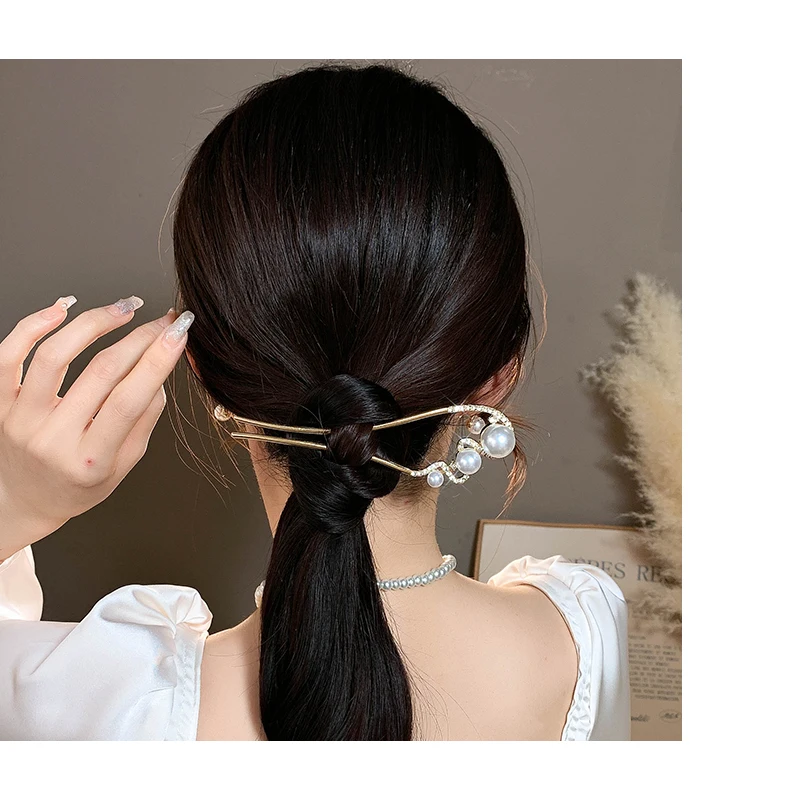 VANIKA Neue modische U-förmige Haarspangen aus Metall, elegante Perlen-Pferdeschwanz-Haarnadeln für Damen, schlichte Haarspangen, Kopfschmuck, Haaraccessoires – Detail 6