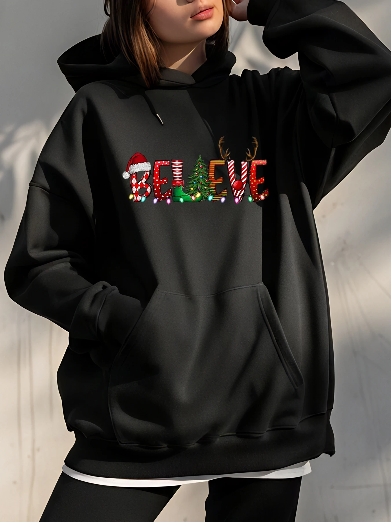 

Толстовка с принтом «Рождественское верение» и праздничным узором для женщин, повседневная одежда