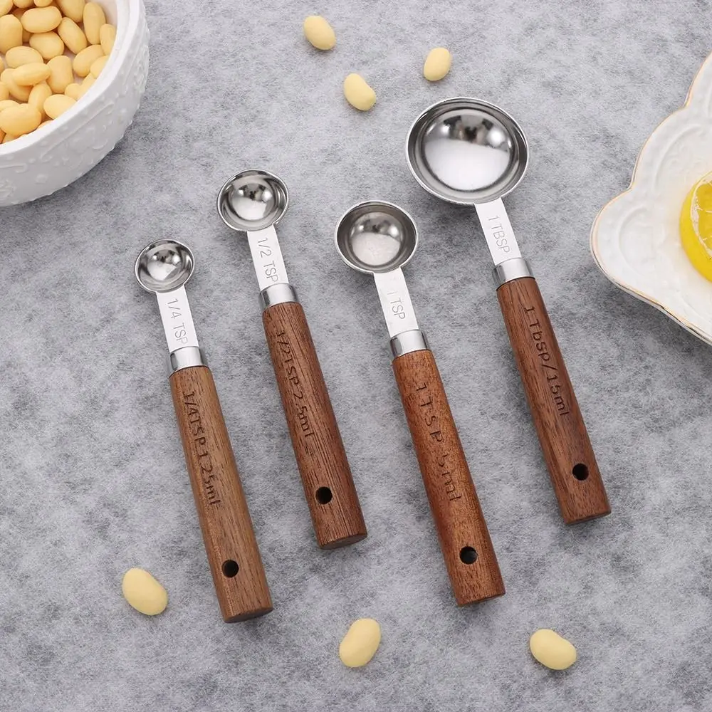 4Pcs Stainless Steel Measuring Cup Spoon Gold Silver Black Coffee Measuring Spoon 1.25-250ml Wooden Handle Baking Tool