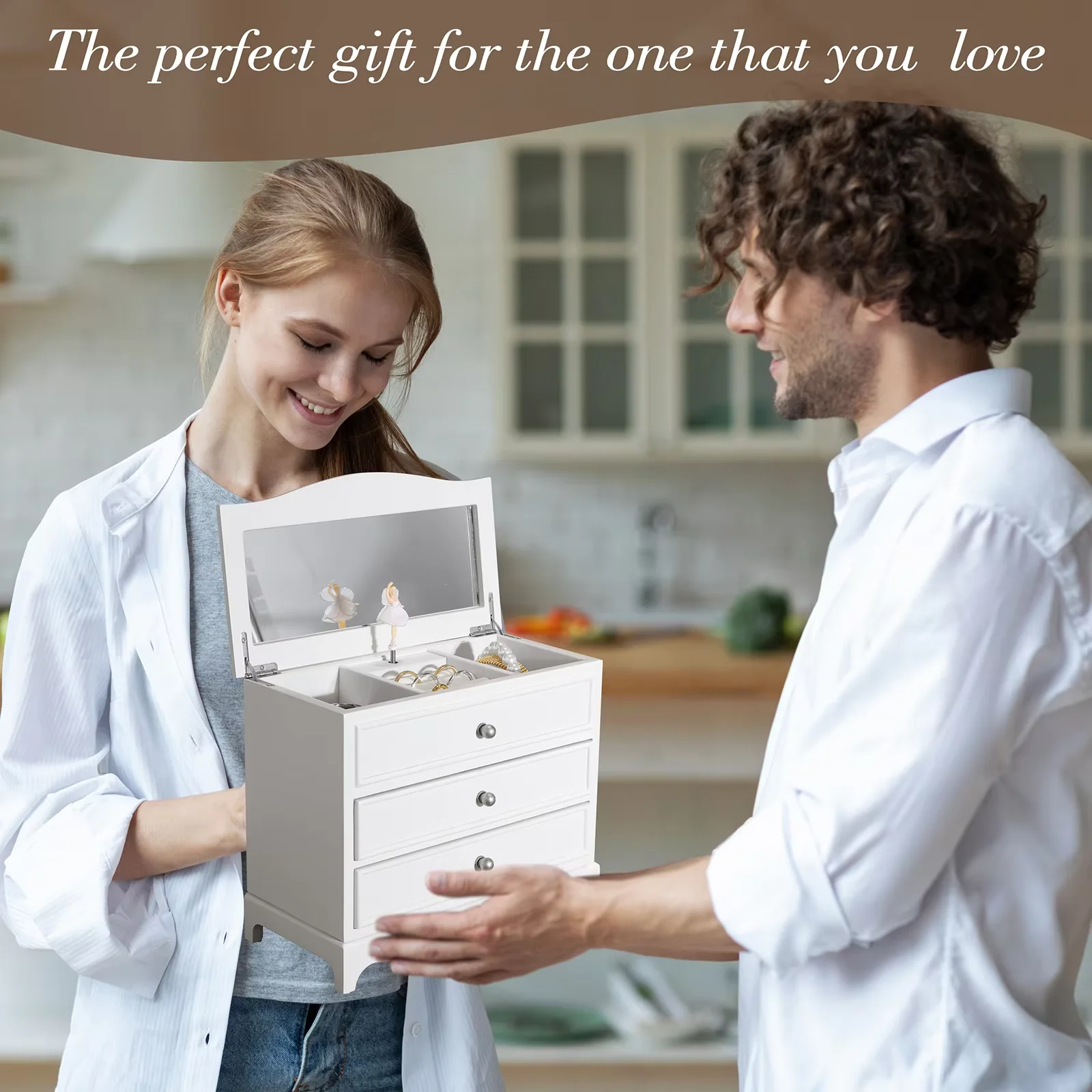 Jozen Gift White Ballerina Musical Jewelry Box with Mirror and Necklace for Girls and Women,Jewelry Storage Chest, for Birthday