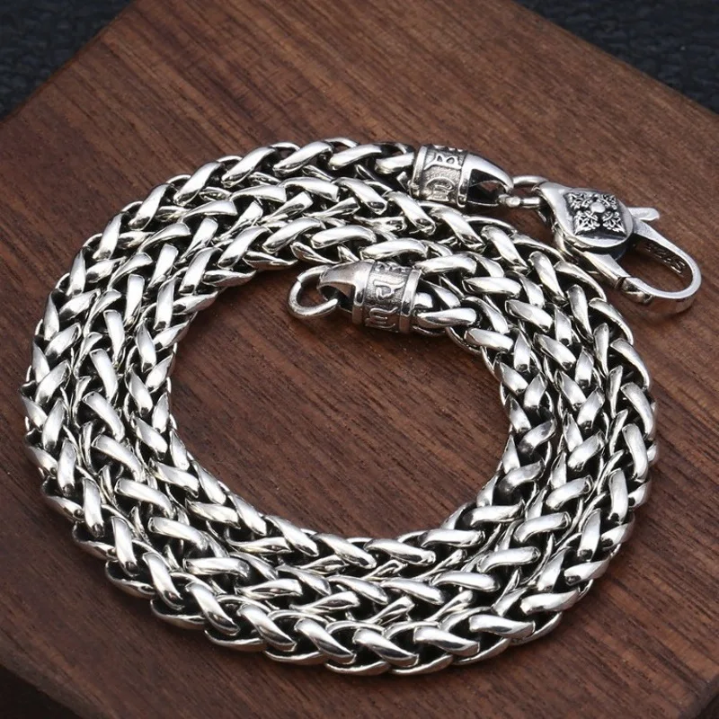 

Real Solid 925 Sterling Silver Chain Men 5mm Mantra Wheat Braided Rope Necklace 41-67g/50-80cm