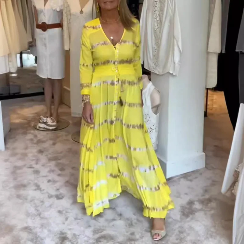 

2025Hot-selling Summer New Styles2025New European and American Style PrintVCollar Long Sleeve Elegant Dress Women's Clo