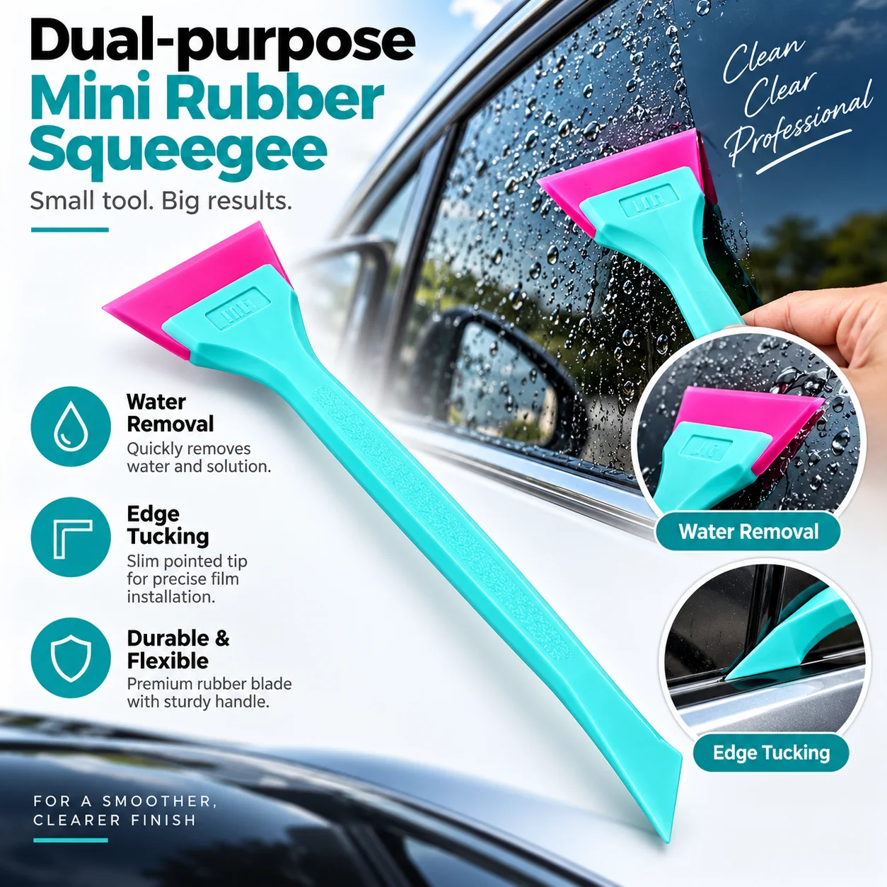 Window Tint Tools Mini Squeegee 2 IN 1 Small Quarter Window Tint Squeegee Go Corner Wrap Tool Car Mirror Wiper Rubber Scraper