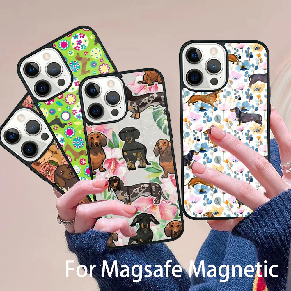 

Dachshund Doxie Flower Dog Puppy Phone Case Magesafe Magnetic Wireless Charge Cover For IPhone 16 11 12 13 14 15 Pro Max Plus