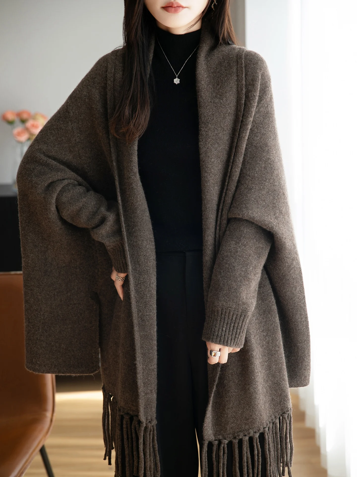 أنيقة السيدات 100% ميرينو شال صوف للسيدات متماسكة سترة الكشمير كيب بلون معطف الشتاء الخريف ملابس خارجية غير رسمية