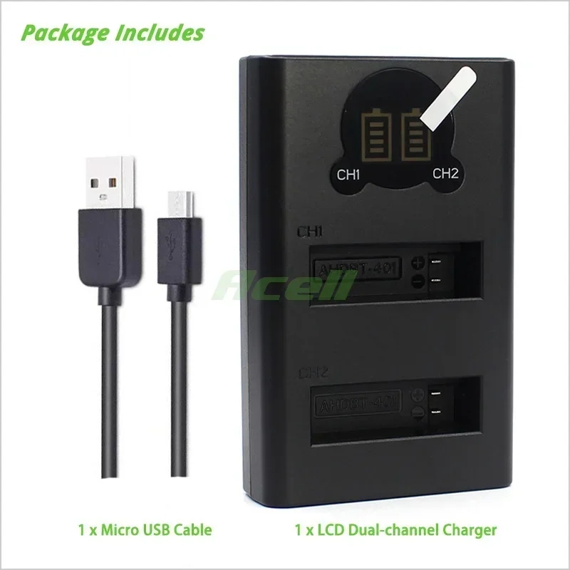 AHDBT-401 LCD Dual Charger for GoPro HERO4 / HERO4 Black / HERO4 Silver Camera Replace AHBBP-401