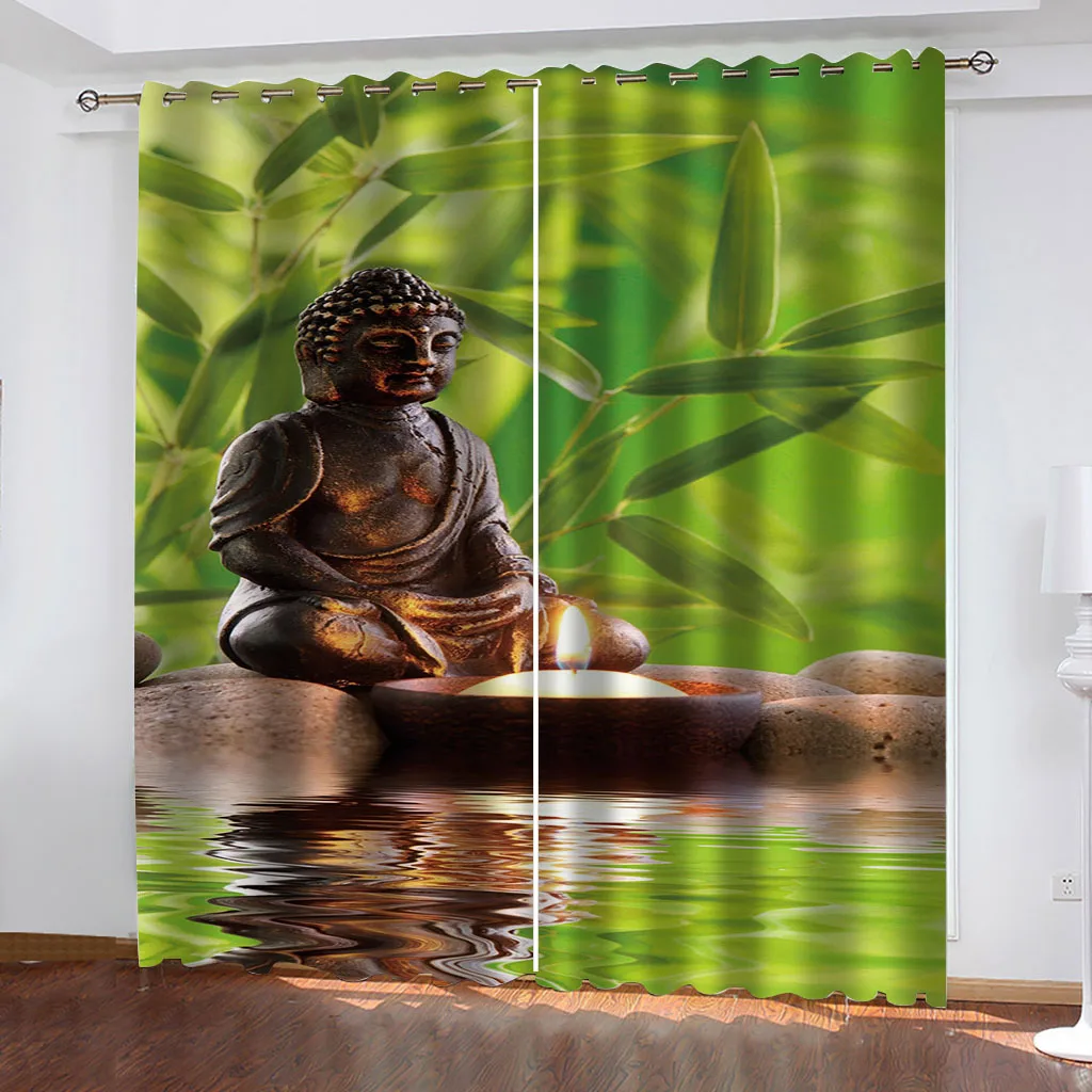 HUANZHUANG Bedroom Blackout Curtains Buddha Statue Candle Bamboo Leaf Cheap Modern Curtains For Windows Living Room Decor