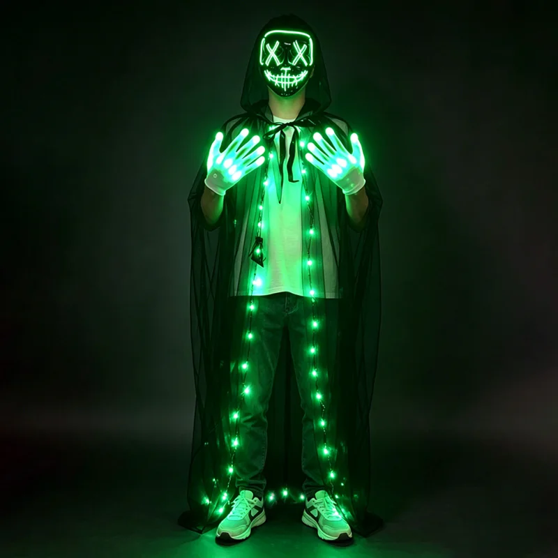 LED Skull Mask Light Up Gloves Set Neon Skeleton Face Mask Luminous Purge Mask and Gloves for Cosplay Halloween Party Mask Props - view 6