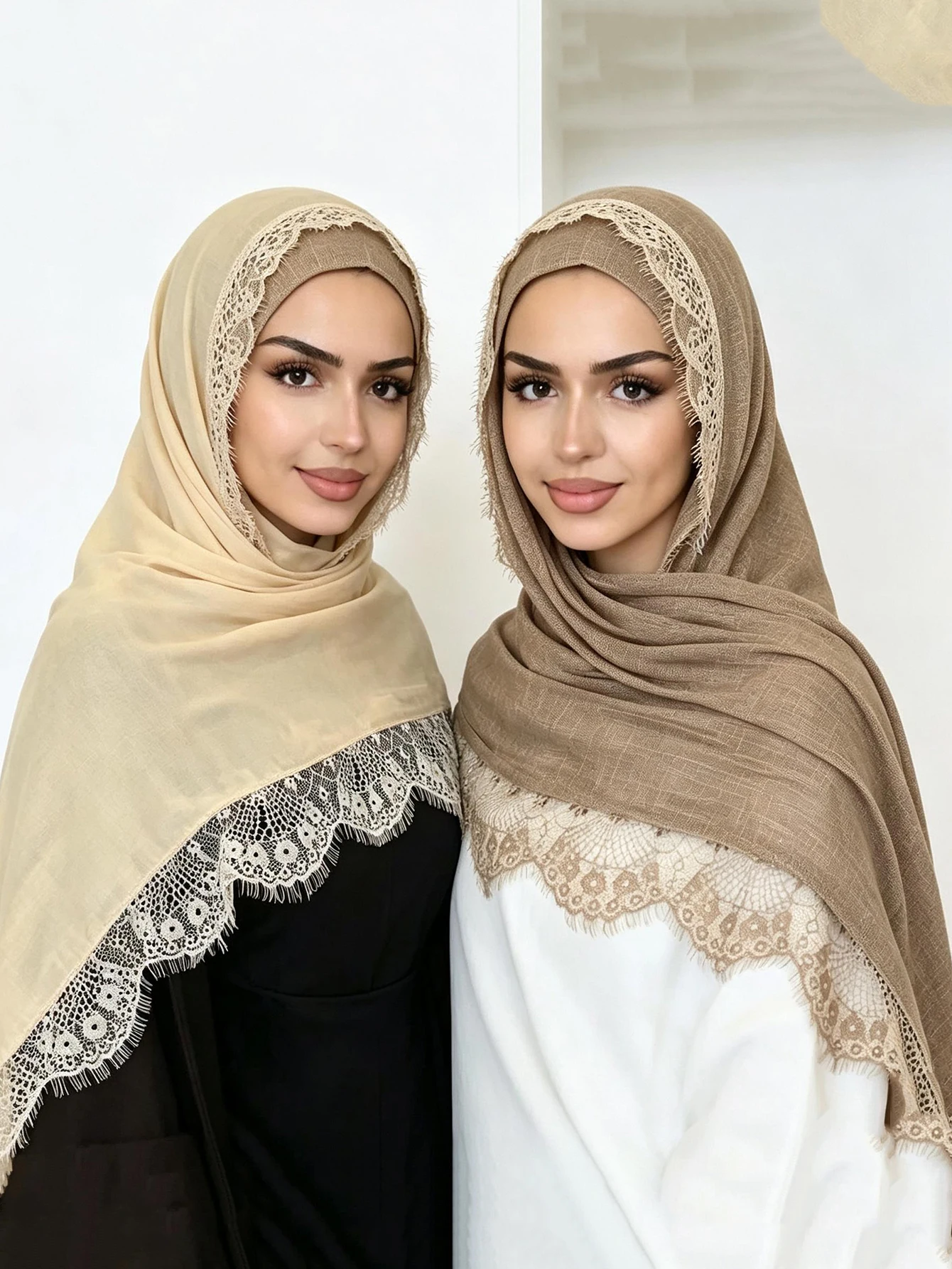 Eleganter Spitzenbesatz Baumwoll-Hijab Muslimischer Kopfschmuck Einfarbiger Islamischer Schal Weicher Atmungsaktiver Schal für Reisen und Alltag – Detail 7