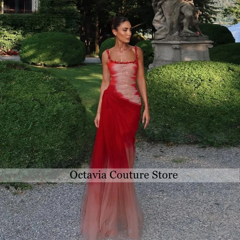 Customized Modern Mermaid Evening Dresses Contrast Color Tulle Pleats Sleeveless Formal Occasion Dress Gala Women vestidos
