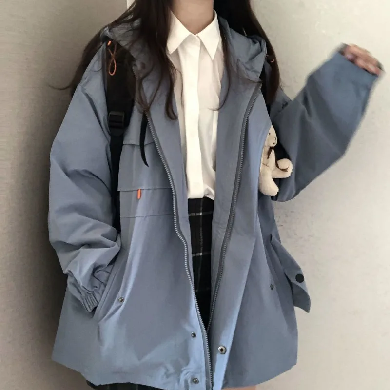 Baggy Jackets Women Autumn Hooded Outwear Tender Preppy Style Casual Pockets Girlish All-match Ulzzang Basic Chic Zip-up Clothes