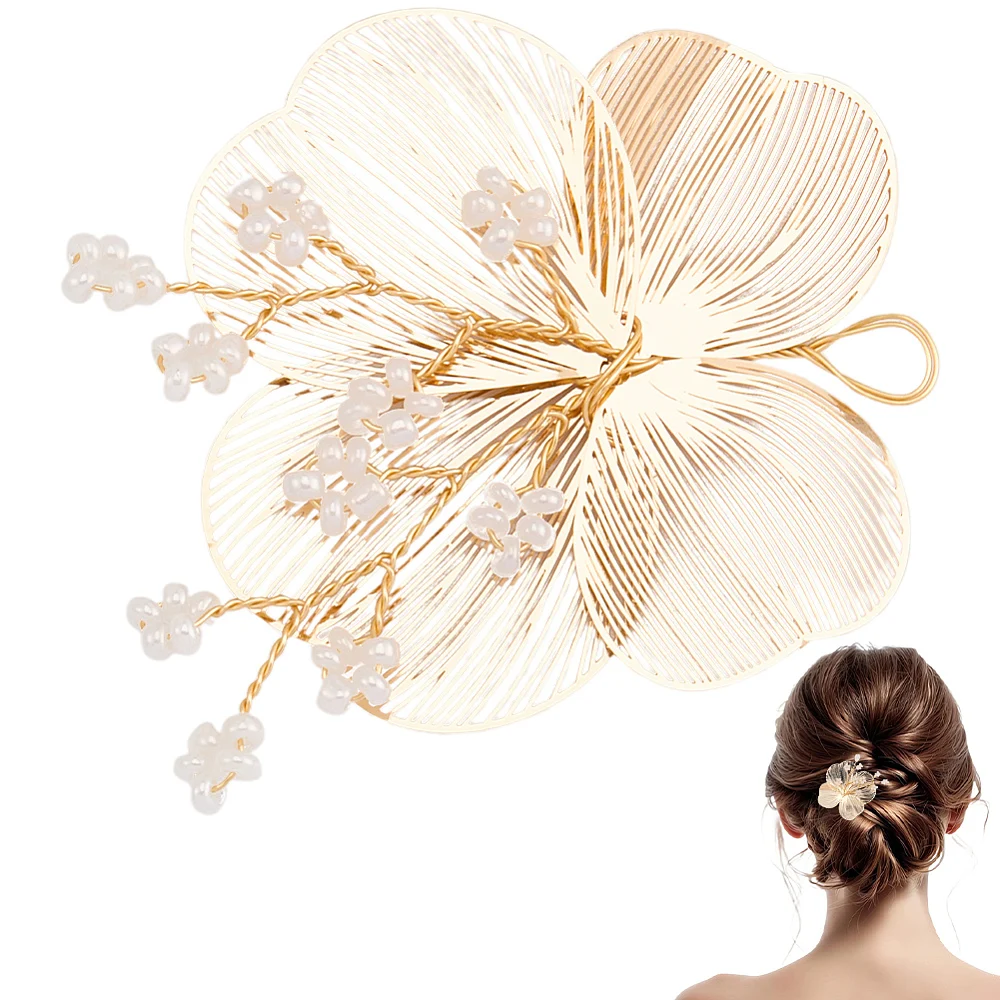 1Pc Gold Flower Hair Accessory Metal Floral Pearl Ornament Bridal Head Barrette Decorative Petal Shape Silhouette Alloy Hair