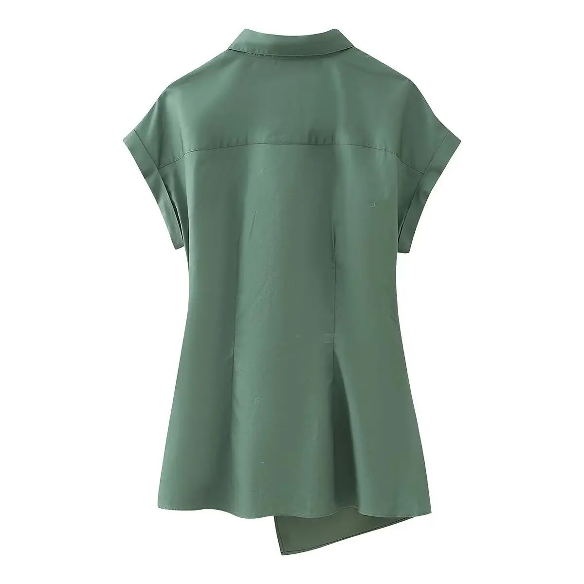 Tangada 2024 Women Green Cotton Wrap Shirt Short Sleeve Turn Down Collar Female Tops CE024