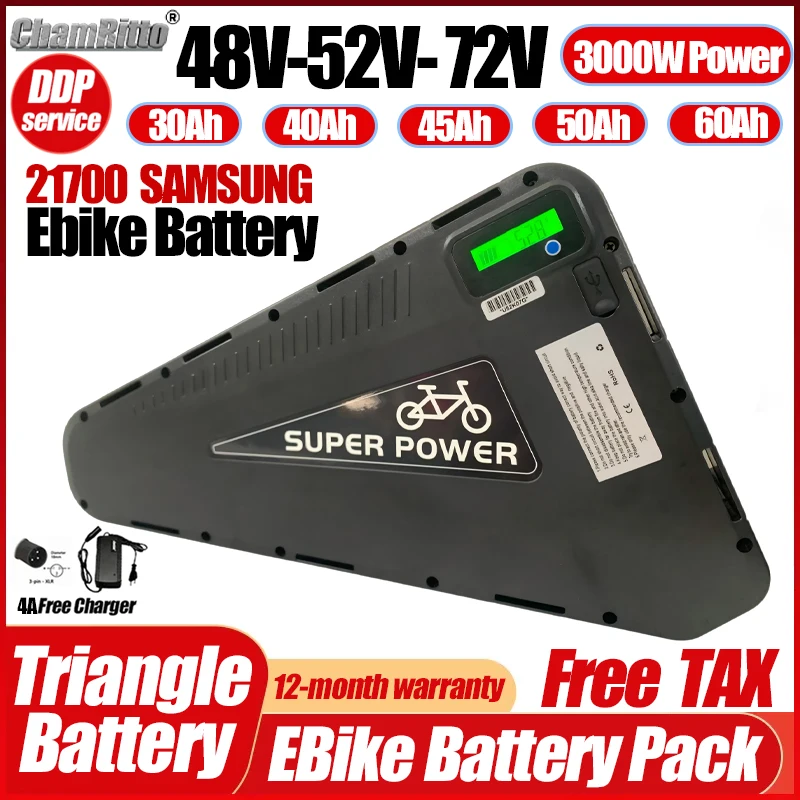 

52 В 48 В 36 В 60 В 72 В Треугольник 21700 Ячейка 20 Ач 24 Ач 30 Ач 35 Ач 40 Ач Большая емкость 3000 Вт 50 Ач60 Ач Литиевая батарея для электровелосипеда с зарядным устройством