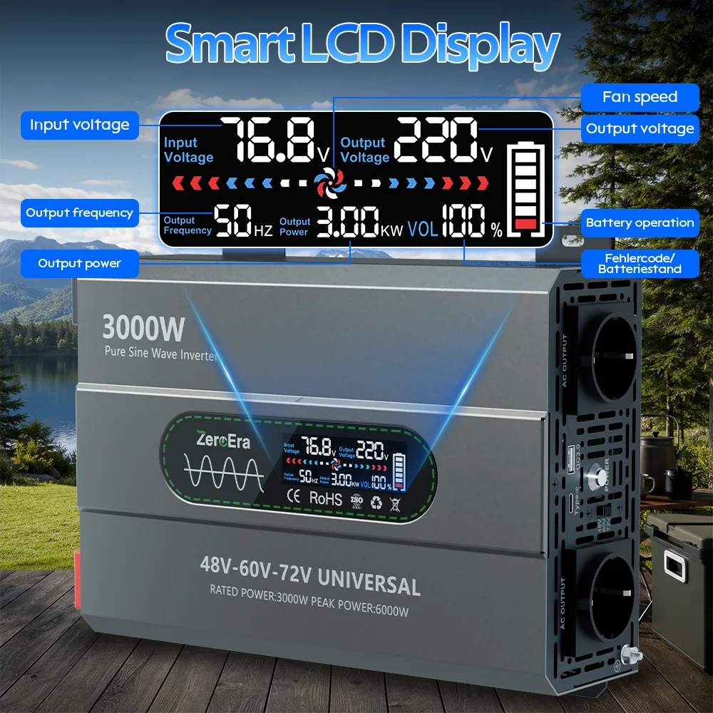 ZeroEra 48V/60V/72V Reiner Sinus-Wechselrichter 3000W Ausgangsleistung zu AC 230V 50Hz mit EU-Steckdosen, Fernbedienung, LCD-Bildschirm für Wohnmobil, LKW, Camper, Reisen, Zuhause, EU-Lagerbestand – Detail 8