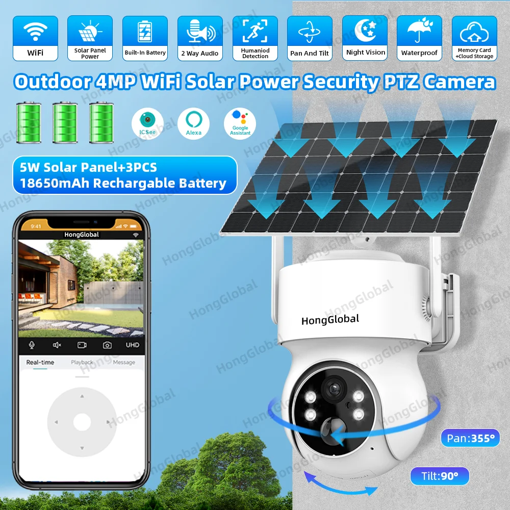 HongGlobal 4MP Outdoor Wireless Solar Panel Home PTZ IP Camera ICSee Solar Surveillance 360 Degree Power WiFi Security CCTV Came