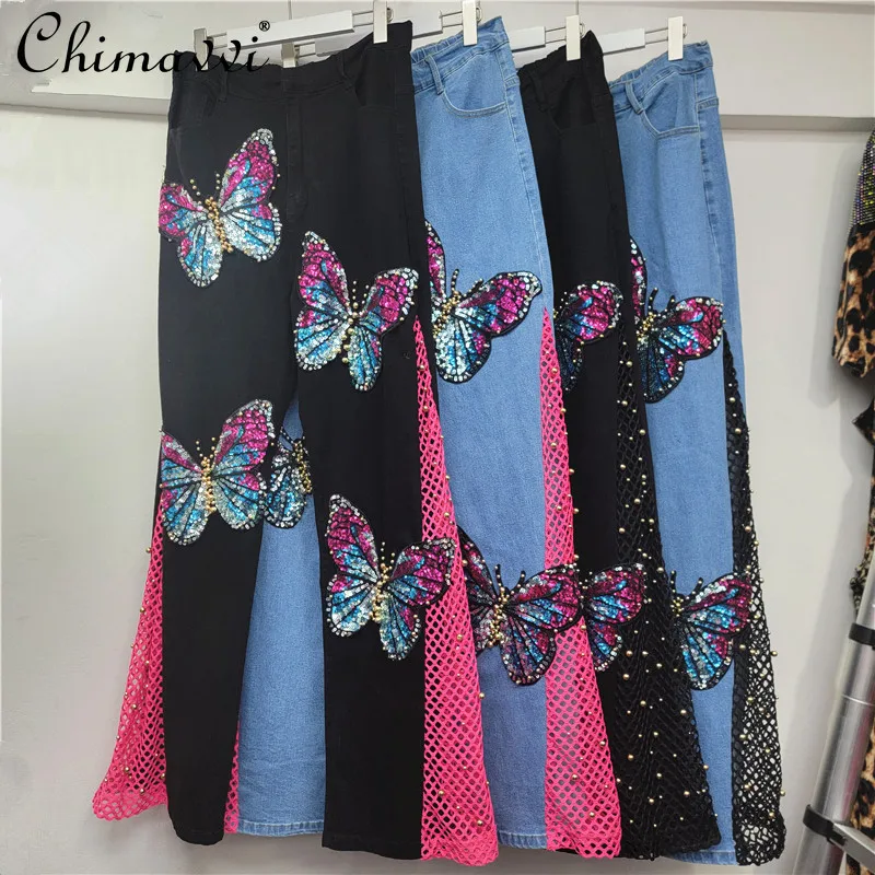 

Осенние новые тяжелые джинсы с бабочкой и блестками по бокам, ажурные джинсы с вырезами, женские модные тонкие уличные прямые брюки