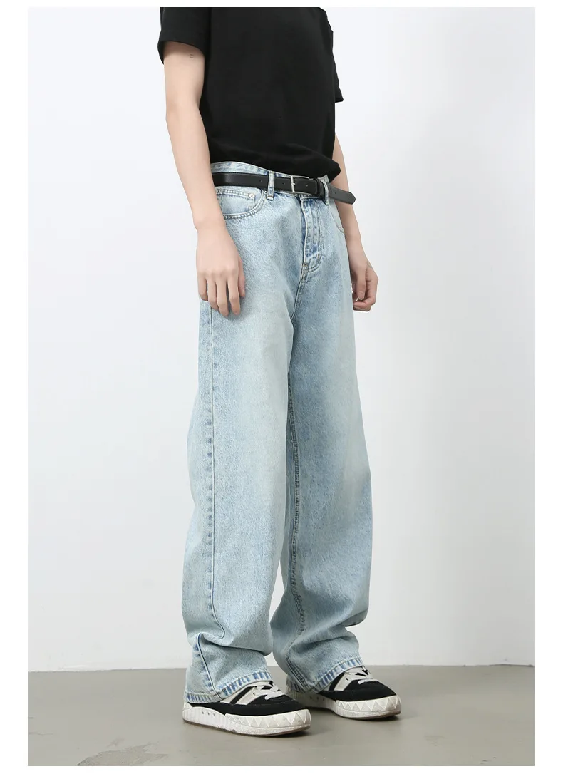 

Korean Style Fashion Men's Light Blue Solid Color Loose Basic Wide Leg Straight Jeans Pants Male Bottom Clothes Denim Trouser