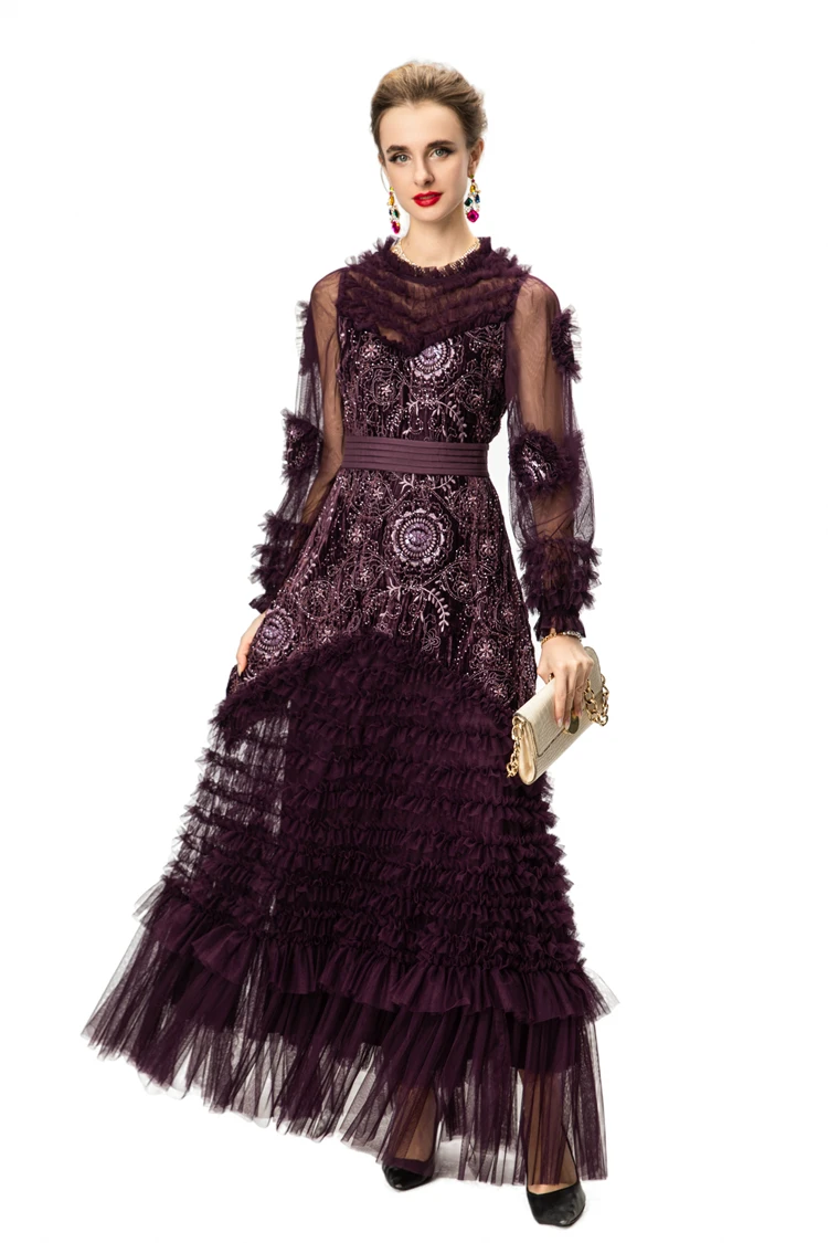 Vestido bordado de tule de veludo ameixa com miçangas lantejoulas gola alta mangas compridas plissado guarnição saia em camadas vestido de cintura