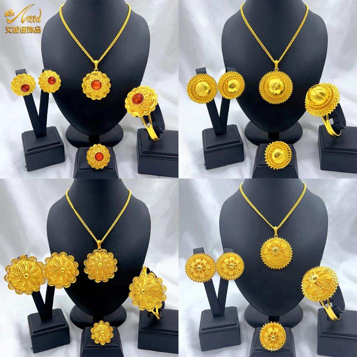 

Women Diamond-Studded Floral Elegant Necklace Bracelet Earrings Ring 4-Piece Set 24K Gold AU999 - Exclusive, fine carving